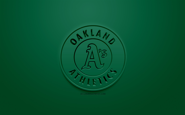 Los atl&#233;ticos de Oakland, American club de b&#233;isbol 3D de creative logo, fondo verde, el 3d con el emblema de la MLB, de Oakland, California, estados UNIDOS, la Major League Baseball, arte 3d, el b&#233;isbol, el logo en 3d