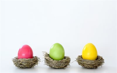Easter eggs, creative Easter background, eggs in nests, white background, Easter, spring