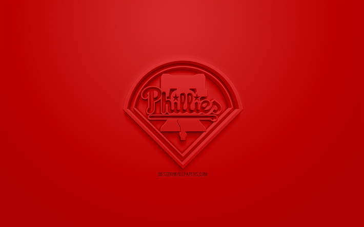 Los Phillies de filadelfia, American club de b&#233;isbol 3D de creative logo, fondo rojo, emblema 3d, MLB, Filadelfia, Pensilvania, estados UNIDOS, la Major League Baseball, arte 3d, el b&#233;isbol, el logo en 3d
