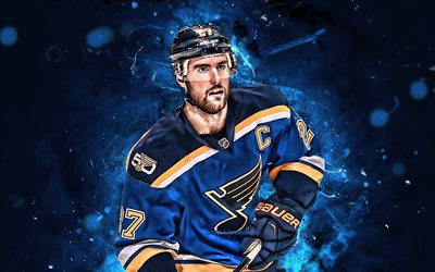 Alex Pietrangelo, blue uniform, St Louis Blues, hockey players, NHL, hockey stars, Alexander Pietrangelo, hockey, neon lights, USA