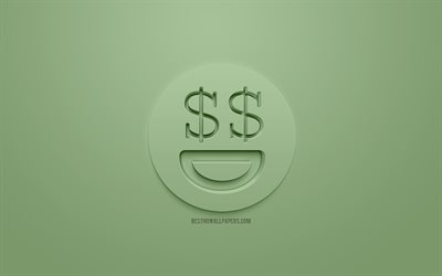 Ricca 3d, icona, la ricchezza, i concetti, il segno del dollaro negli occhi, emozioni, concetti, 3d, icone, faccia felice icona, Smiley, sollevando l&#39;umore, 3d sorrisi, verde, sfondo, creativo, arte 3d, le emozioni, le icone 3d