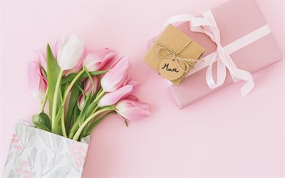 Pink tulips, Mothers Day, pink background, bouquet of tulips, Mom, fot for a card, tulips on a pink background