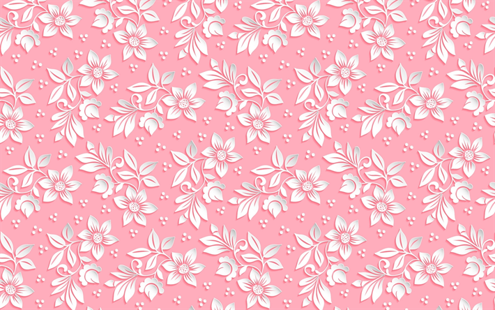 rosa konsistens med vita blommor, rosa blommor bakgrund, smidig konsistens, vitt papper blommor, blommig struktur