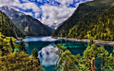 China, mountains lake, summer, HDR, beautiful nature, Asia, mountains