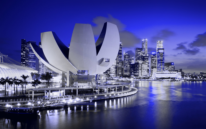 Singapur, ArtScience M&#252;zesi, gece, şehir, Marina Bay, modern mimari