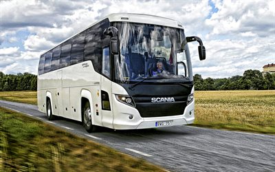 Scaniaツーリングバス, 2019, バスの乗客, 交通の乗客, 旅行バスの概念, バスの路, Scania