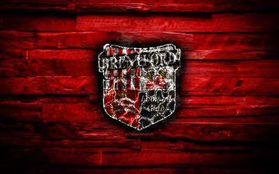 Brentford FC, madeira vermelho de fundo, Inglaterra, grava&#231;&#227;o de logotipo, Campeonato, clube de futebol ingl&#234;s, grunge, Brentford logotipo, futebol, textura de madeira