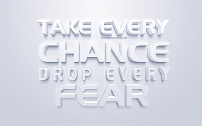 Take every chance Drop every fear, white 3d art, popular quotes, quotes about the chance, business quotes, inspiration, white background, motivation