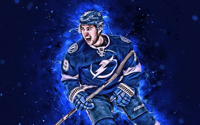 Tyler Johnson, 4k, alegria, Tampa Bay Lightning, NHL, estrelas do h&#243;quei no gelo, Tyler Johnson 4K, jogadores de h&#243;quei, h&#243;quei, luzes de neon, EUA
