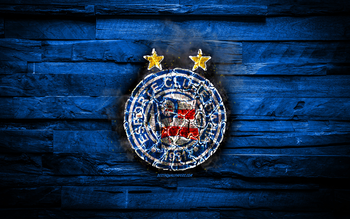 EC Bahia, la quema de logotipo, Seria Un azul fondo de madera de brasil, club de f&#250;tbol, grunge, Bah&#237;a FC, f&#250;tbol, Bah&#237;a logotipo, fuego textura, Brasil