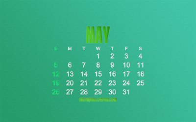 2019 May Calendar, green paper background, colorful art, 2019 calendars, stylish art, 2019 concepts, calendars, May, spring