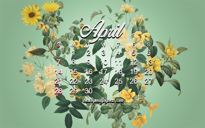 2019 April Kalender, gr&#246;n blommig bakgrund, rosor, blommor, 2019 kalendrar, snygg konst, 2019 begrepp, kalendrar, April, v&#229;ren