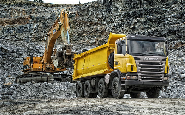 Scania G440, mining truck, stone loading, excavator, stone transportation, Scania