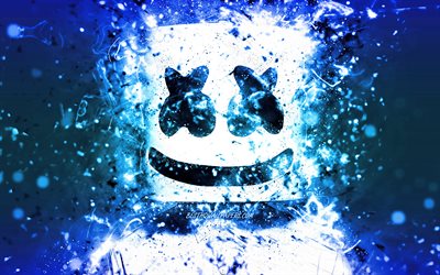 Marshmello, 4k, sininen neon, amerikkalainen DJ, fan art, Christopher Comstock, Marshmello 4K, kuvitus, supert&#228;hti&#228;, luova, DJ Marshmello, Dj