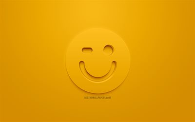 Blinka 3d-ikonen, Blinka Ansikte, 3D-stil symbol, k&#228;nslor begrepp, Blinka 3d-ikoner, glada ansikte, 3d-Smiley, att h&#246;ja st&#228;mningen, 3d smilies, orange bakgrund, kreativa 3d-konst, k&#228;nslor 3d-ikoner, Blinka