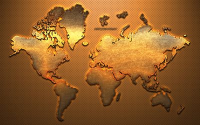 Golden world map, creative art, metal world map, gold, gold background, world map concepts