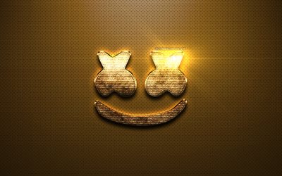 Marshmello altın logo, fan art, american DJ, metal logo, Christopher Comstock, Marshmello, altın metal arka plan, DJ Marshmello, DJ&#39;ler, Marshmello logosu