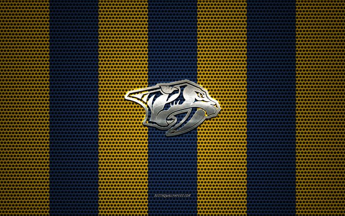 Nashville Predators logo, American hockey club, metal emblem, yellow-blue metal mesh background, Nashville Predators, NHL, Nashville, Tennessee, USA, hockey