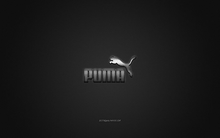 Logotipo da Puma, emblema de metal, a marca de roupas, preto textura de carbono, global de marcas de vestu&#225;rio, Puma, o conceito de moda, Emblema de Puma