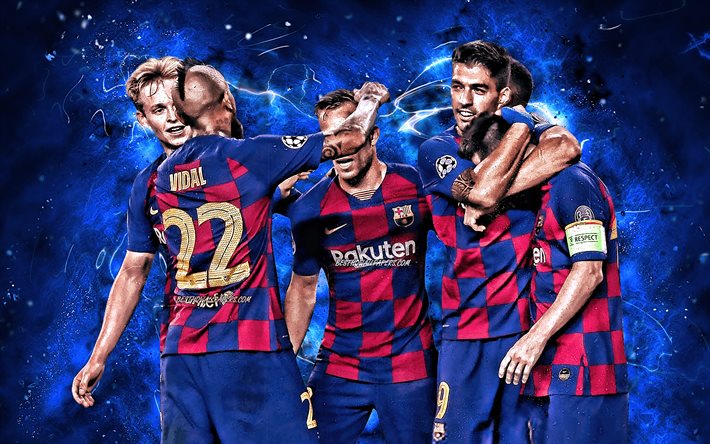 Lionel Messi, Luis Suarez, Arturo, Arturo Vidal, Frenkie de Jong, FC Barcelona, l&#39;obiettivo, La Liga, ragazzi, CBULY, stelle del calcio, neon blu, Barca, calcio, LaLiga, Spagna