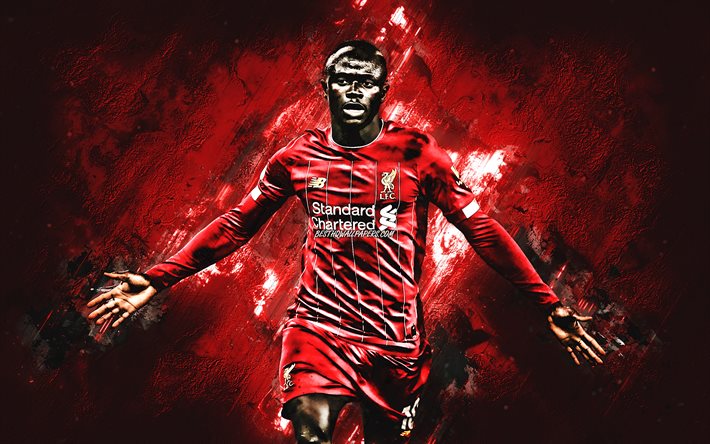 Sadio Mane, Senegalli futbolcu, Liverpool FC, orta saha oyuncusu, kırmızı yaratıcı arka plan, Premier Lig, futbol, İngiltere