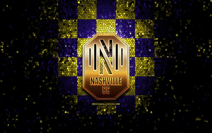 Nashville FC, glitter logotipo, MLS, azul amarelo fundo quadriculado, EUA, time de futebol americano, FC Nashville, Major League Soccer, Nashville novo logotipo, arte em mosaico, futebol, Am&#233;rica, FC Nashville logotipo