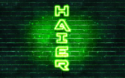 4K, Haier vert logo, texte vertical, vert brickwall, Haier n&#233;on logo, cr&#233;atif, Haier, logo, illustration
