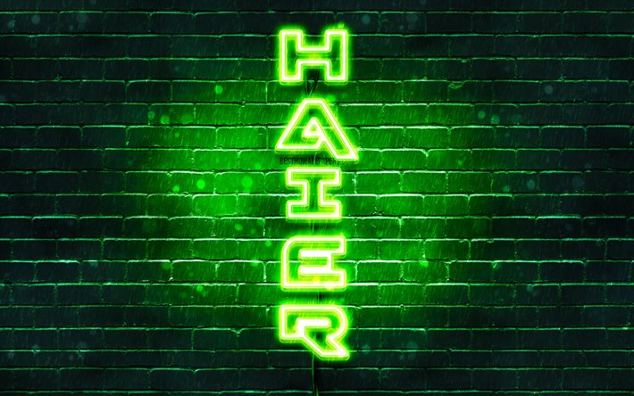 4K, Haier logotipo verde, texto vertical, verde brickwall, Haier neon logotipo, criativo, Haier logotipo, obras de arte, Haier