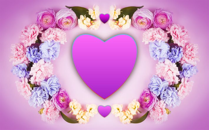 floral love frame, 4k, hearts, love concepts, flowers, floral heart, creative, heart of flowers