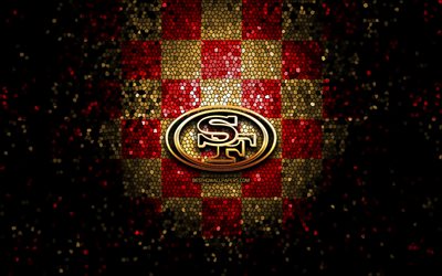 San Francisco 49ers, glitter logotyp, NFL, r&#246;d gul rutig bakgrund, USA, amerikansk fotboll, San Francisco 49ers logotyp, mosaik konst, Amerika