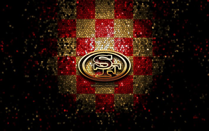 Descargar fondos de pantalla San Francisco 49ers, el brillo del logotipo,  de la NFL, rojo amarillo fondo de cuadros, EEUU, equipo de fútbol americano  San Francisco 49ers logotipo, mosaico de arte, fútbol