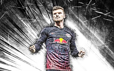Timo Werner, 4k, grunge tipo, RB Leipzig, spanish futbolistas, Germany, goal, soccer, Werner, F&#250;tbol, f&#250;tbol americano, white abstract rays, Timo Werner 4K