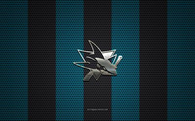 San Jose Sharks logotipo, Americana de h&#243;quei clube, emblema de metal, azul-preto de malha de metal de fundo, San Jose Sharks, NHL, San Jose, Calif&#243;rnia, EUA, h&#243;quei