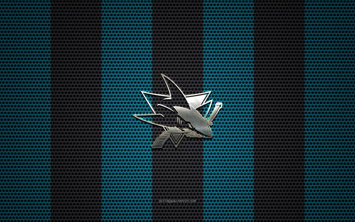 San Jose K&#246;pekbalıkları logo, Amerikan hokey kul&#252;b&#252;, metal amblem, mavi-siyah metal mesh arka plan, San Jose Sharks, NHL, San Jose, California, USA hokey
