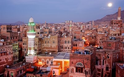 Sanaa, evening, cityscape, arabian architecture, Sana, Yemen, Arabian Peninsula