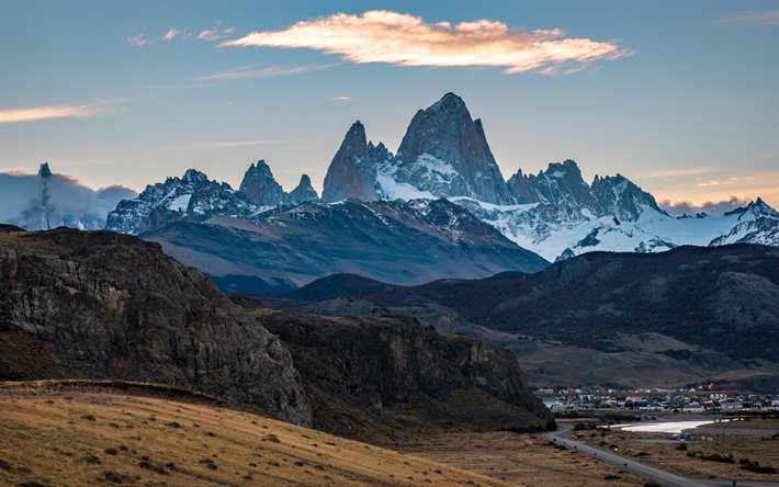 rocce, Ande, montagna, paesaggio, Patagonia, sera, tramonto, Cile