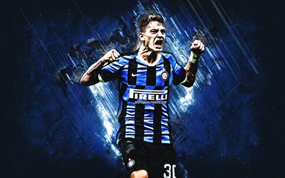 Sebastiano Esposito, Inter Milan, Italian footballer, FC Internazionale, portrait, blue stone background, Serie A, Italy, football