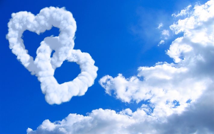 deux coeurs, nuages, cœurs, amour, concepts, bleu ciel, art 3D, coeur est fait de nuages, 3D, des cœurs, des illustrations