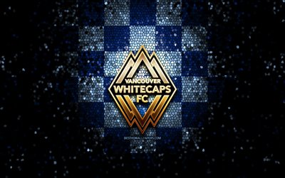 バンクーバー Whitecaps FC, キラキラのロゴ, MLS, 青黒チェッカーの背景, カナダ, カナダのサッカーチーム, バンクーバー Whitecaps, 主要リーグサッカー, バンクーバー Whitecapsロゴ, モザイクart, サッカー, 米
