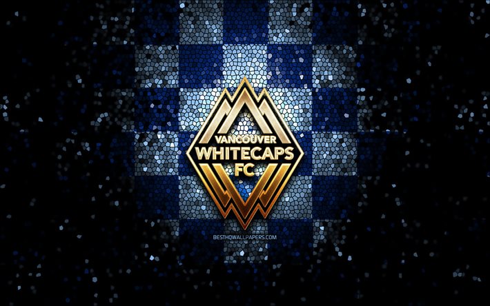 Vancouver Whitecaps FC, glitter logo, MLS, blue black checkered background, Canada, canadian soccer team, Vancouver Whitecaps, Major League Soccer, Vancouver Whitecaps logo, mosaic art, soccer, football, America