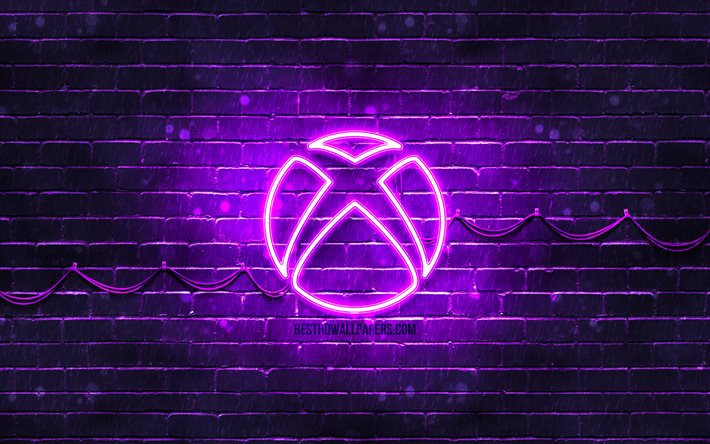 Xbox violette logo, 4k, violet brickwall, Xbox logo, marques, Xbox n&#233;on logo, Xbox