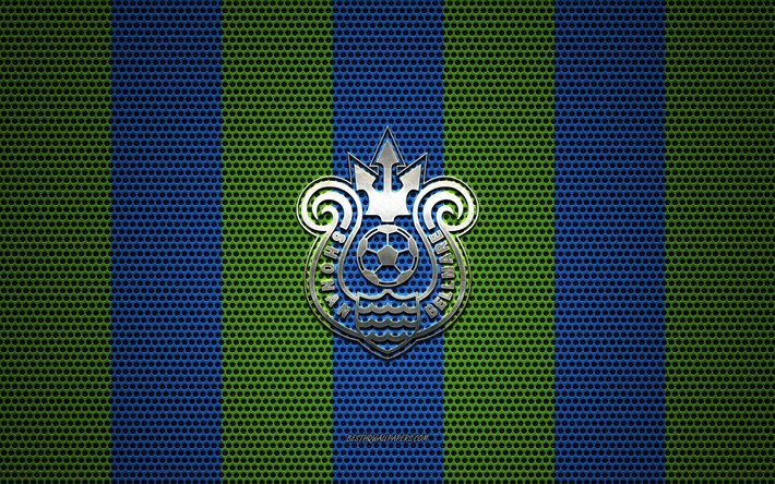 Shonan Bellmare logo, Japanese football club, metal emblem, green-blue metal mesh background, Shonan Bellmare, J1 League, Hiratsuka, Japan, football, Japan Professional Football League