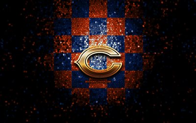 Chicago Bears, glitter logotipo, NFL, azul laranja fundo quadriculado, EUA, time de futebol americano, Chicago Bears logotipo, arte em mosaico, futebol americano, Am&#233;rica