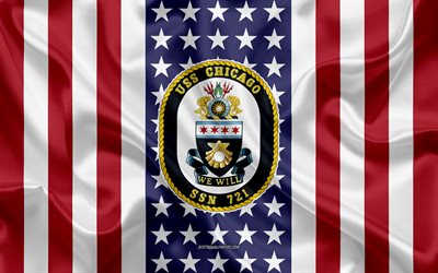 uss chicago-emblem, ssn-721, american flag, us-navy, usa, uss chicago abzeichen, us-kriegsschiff, wappen der uss chicago
