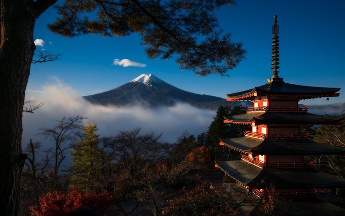 Mount Fuji, japanese landmarks, autumn, mountains, stratovolcano, Fujisan, Fujiyama, Asia, Japan