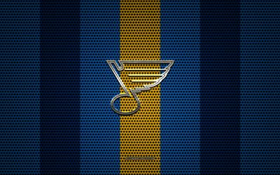 st louis blues logo, american hockey club -, metall-emblem, blau und gelb metall-mesh-hintergrund, st louis blues, nhl, st louis, missouri, usa, hockey