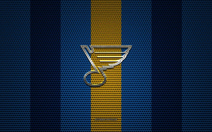St Louis Blues logo, American hockey club, metal emblem, blue and yellow metal mesh background, St Louis Blues, NHL, St Louis, Missouri, USA, hockey