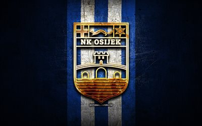 Osijek FC, golden logo, HNL, blue metal background, football, croatian football club, NK Osijek logo, soccer, NK Osijek