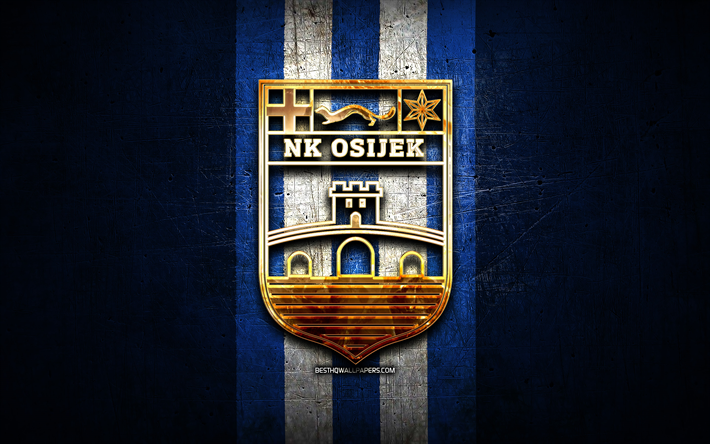 osijek fc, logotipo dourado, hnl, metal azul de fundo, futebol, croata clube de futebol, nk osijek logotipo, nk osijek