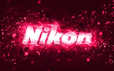 Nikon pink logo, 4k, pink neon lights, creative, pink abstract background, Nikon logo, brands, Nikon